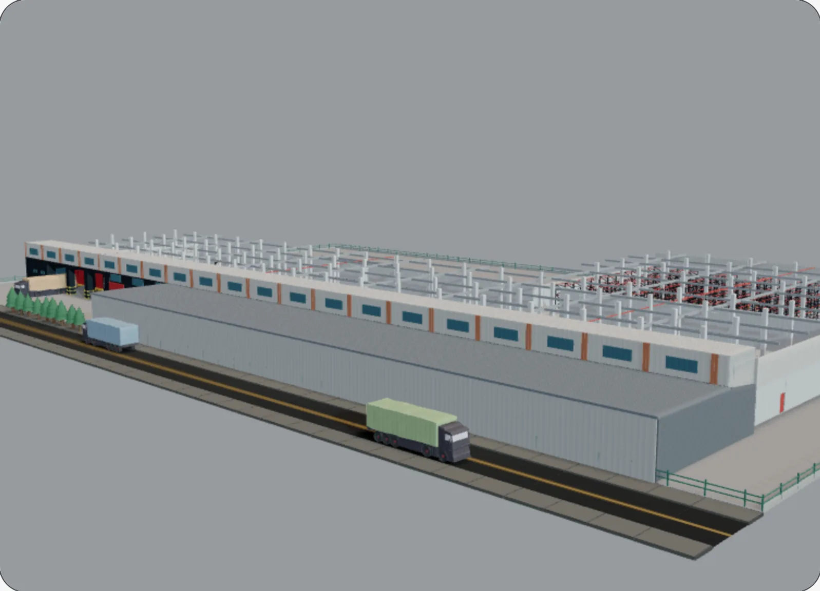 Open-roof 2.5D architectural model of the L-shaped Triport warehouse, viewed from the main property entrance.